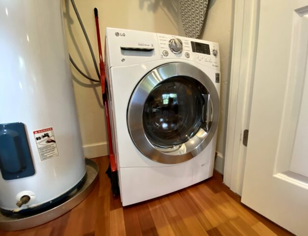 European style washer/dryer combo.  Free  Linen exchange provided too.