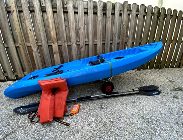 2 person kayak with roller cart, PFDs and waterproof phone case provided.