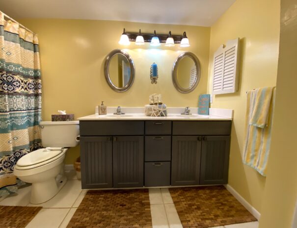 Guest bathroom has double sink vanity so everybody can have their own space