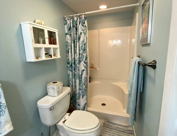 Master bathroom reverse angle shows walk in shower with shower seat